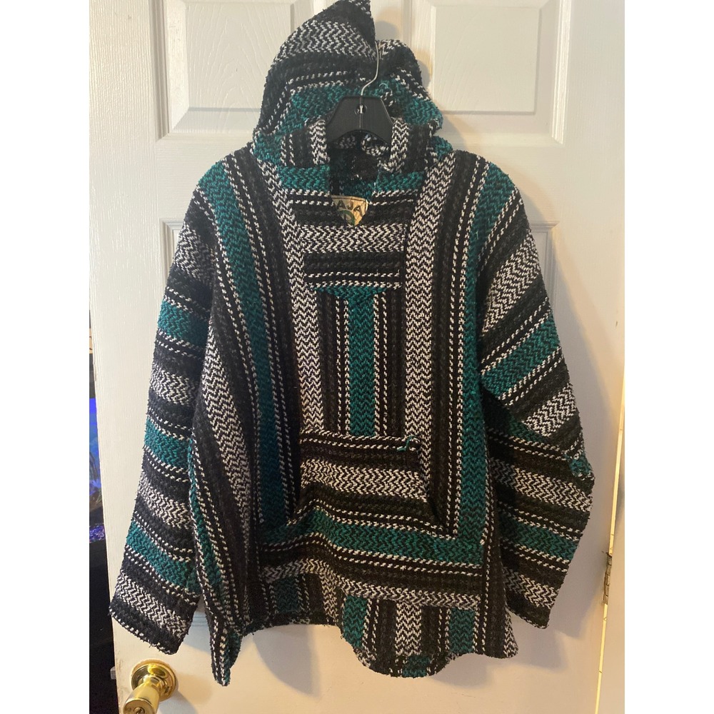 Baja Joe Striped Drug Rug Hoodie Teal Black White‎ Mexican Jerga XL